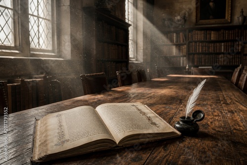 Wooden library table with manuscript, quill and inkwell in dust motes.