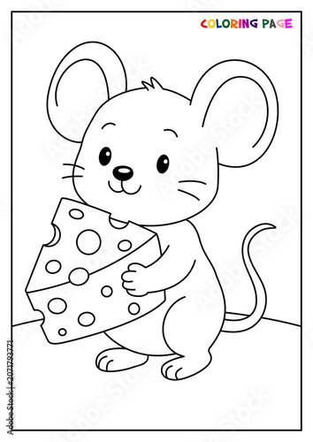Cute little mouse coloring page vector template featuring a happy cartoon rodent holding a big piece of cheese in an outline style for children activity book.
