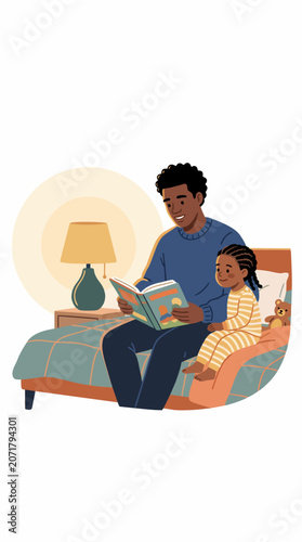 2d flat vector illustration of black father reading bedtime story to child with warm lighting and emotional atmosphere