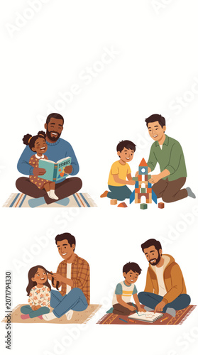 Multicultural fathers spending quality time with children, concept of care, guidance and emotional connection, 2d flat vector illustration, Happy Father's Day