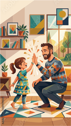 Father and child high five gesture symbolizing encouragement and support, semi-realistic illustration, Happy Father's Day