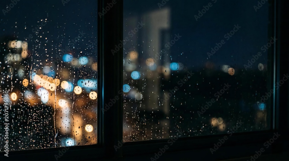 Fototapeta premium Rainy window at night looking out onto blurred city traffic lights. Moody, atmospheric bokeh background with water drops.