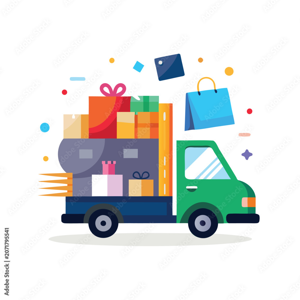 Fototapeta premium Delivery truck with colorful gift boxes and shopping bags
