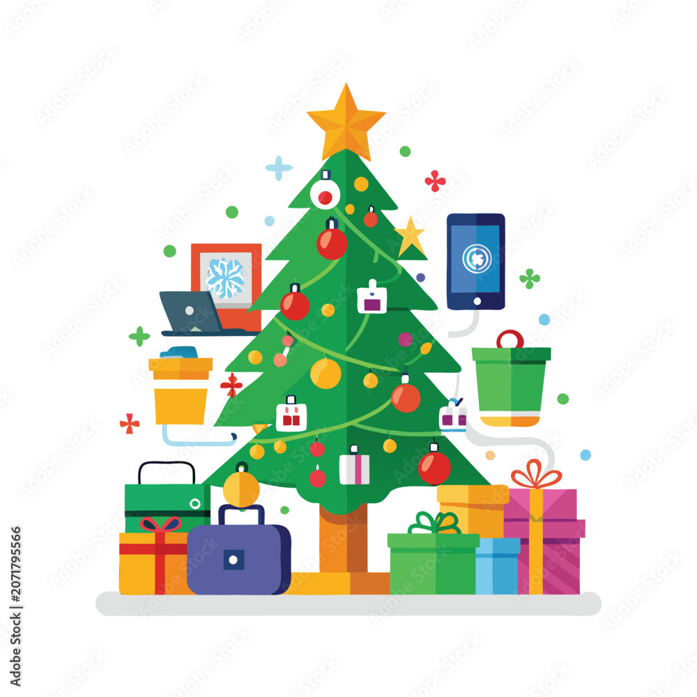 Fototapeta premium Christmas tree with gifts and tech items vector illustration