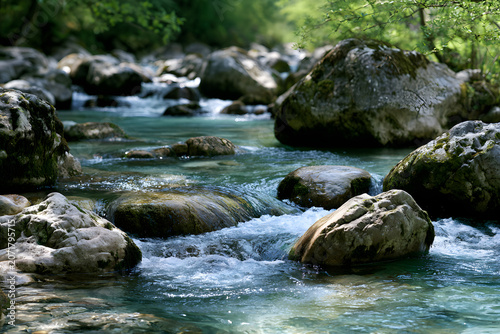 Clear turquoise river water flows over moss-covered rocks amidst lush green foliage, capturing a peaceful and natural outdoor scene.