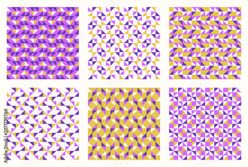 Color mosaic tessellation set, bundle of modern seamless vector patterns, six abstract geometric backgrounds collection