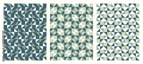 Color mosaic tessellation set, bundle of three modern seamless vector patterns, abstract geometric backgrounds collection