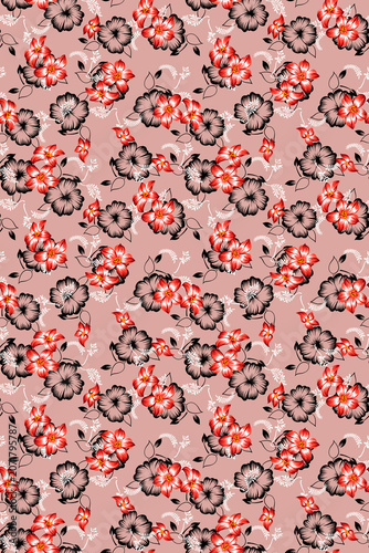 Fotografija natural solid block modern textile illustrations design, arrangement with a monochrome small simple flower pattern and solid background, all-over seamless pattern with red, black, and orange tones