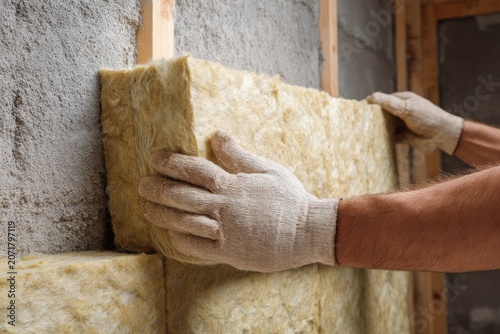 Construction worker hands installing mineral wool insulation on a house wall close-up view