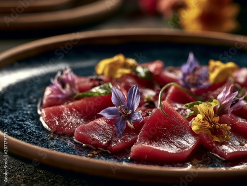 Fresh tuna carpaccio arranged with edible flowers, fine dining aesthetic 