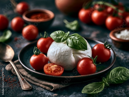 Gourmet burrata cheese with tomatoes and basil, Mediterranean freshness concept