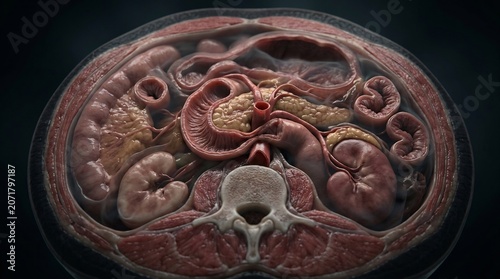 Abdominal cavity cross section illustrates the complex spatial arrangement of internal organs within the human torso for medical examination.