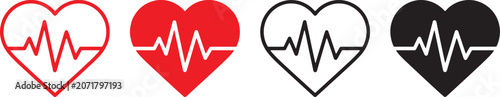 Heartbeat icon set, heart shape with pulse line symbols, cardiology and health monitoring concept,  line inside heart icons, medical and eye catching design