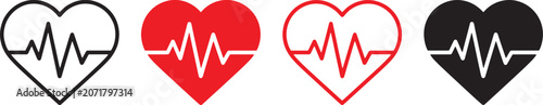 Heartbeat icon set, heart shape with pulse line symbols, cardiology and health monitoring concept,  line inside heart icons, medical and fitness theme