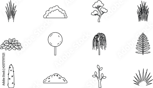 Collection of stylized botanical elements for landscape design with clean outlines