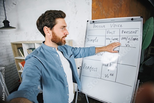 Bearded male tutor standing next to whiteboard and explaining language rules