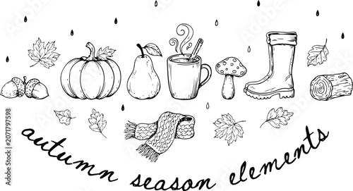 Hand drawn autumn season elements including pumpkin pear acorn mushroom scarf boot and log during rain