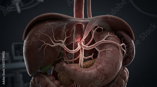 Digestive system demonstrates intricate vascular anatomy and organ placement within a clinical medical setting that highlights internal organs for professional surgical training and health study.
