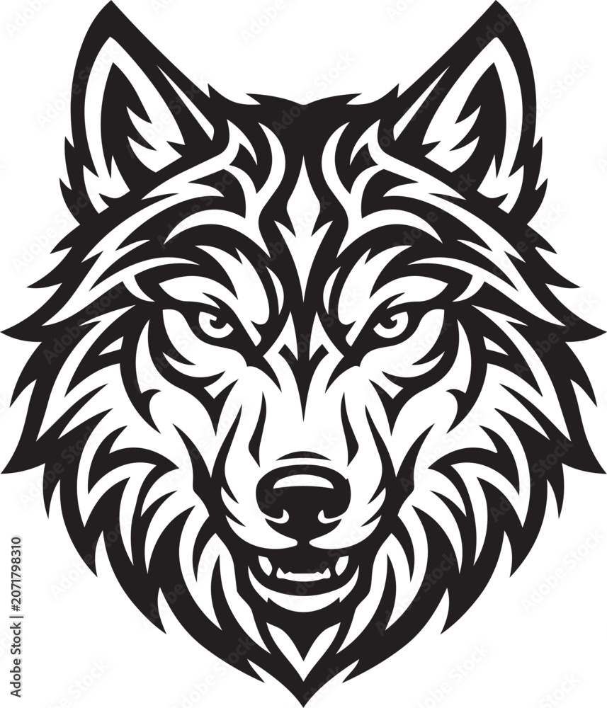 Fototapeta premium Aggressive Tribal Wolf Head Logo Illustration with Detailed Black Silhouette Design for Branding Mascots Tattoos and Emblems