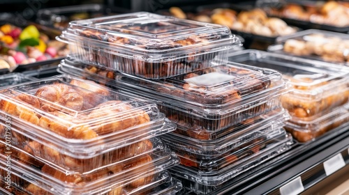 Clear plastic clamshell containers filled with baked goods stacked on supermarket bakery shelf, close up front view showing packaged pastries and retail food display