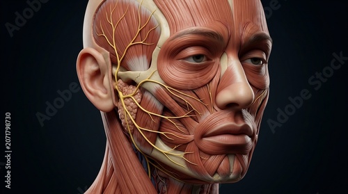Anatomy of the human face displays complex muscular systems and neural pathways in a detailed scientific rendering that illustrates facial nerves and skin structure for medical educational purposes.
