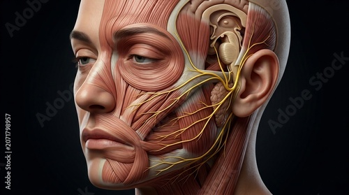 Human face with visible muscle layers and intricate nerve networks highlights the complexity of facial anatomy for medical visualization and advanced physiological study in professional research.