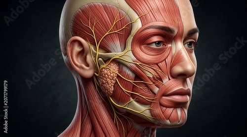 Human head anatomy model displays detailed facial muscles and yellow nerve structures in a precise medical simulation that serves as an educational tool for clinical studies and science research.