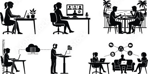 Remote Work and Digital Nomad Icon Set Flat Vector Silhouette Freelance Hybrid Office Graphics