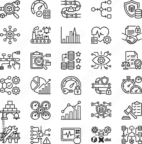 Data Observability Line Icons Set for Data Quality Monitoring, Pipeline Visibility and Enterprise Analytics