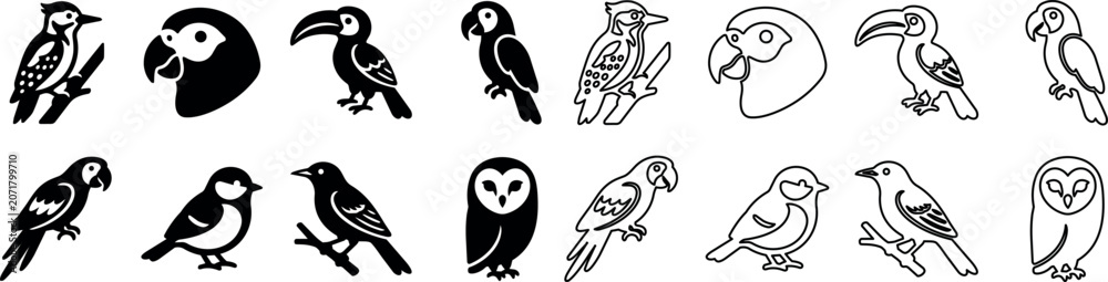Fototapeta premium Set of black and white bird icons including woodpecker, parrot, toucan, owl, and songbird