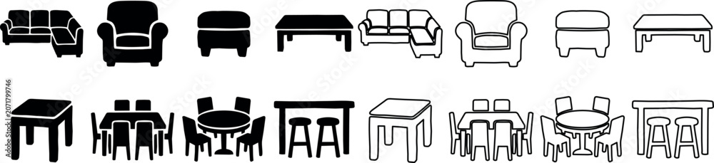 Fototapeta premium Silhouette icons of sofas, armchairs, stools, and dining tables with chairs