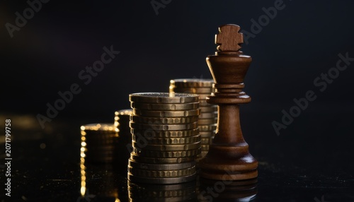 Wooden chess king beside stacks of coins on a dark reflective surface, symbolizing strategy and financial success
