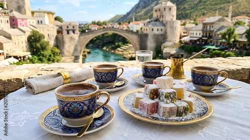 Traditional bosnian coffee served with turkish delight overlooking the stari most bridge in mostar, bosnia and herzegovina