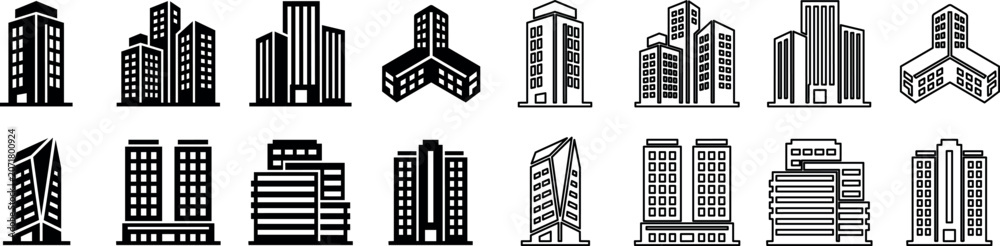 Obraz premium Set of modern building icons with diverse high-rise architecture silhouettes