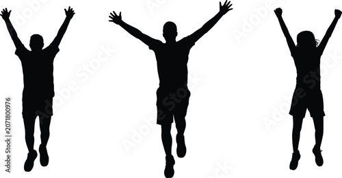 Foto Three energetic silhouettes of people jumping with arms raised in celebration on