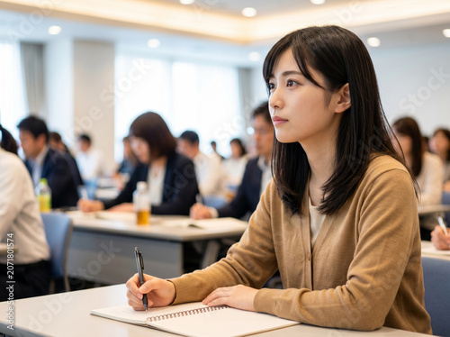 セミナーで真剣な眼差しで講義に耳を傾ける女性