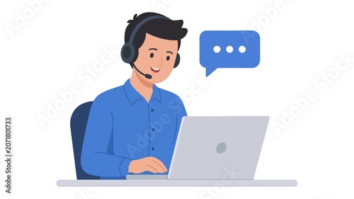 Flat Design Male Call Center Agent 24 Hour Customer Service Animation Green Screen 4K