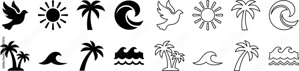 Obraz premium Beach and tropical nature icon set with sun, palm tree, wave, and dove silhouettes