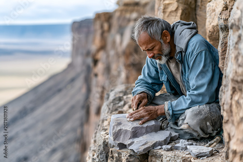 A focused craftsman sits on a remote mountain cliff, meticulously shaping a stone. His ancient craft blends with the rugged, vast landscape.