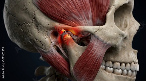 Temporomandibular joint pain is represented by a glowing red highlight on a medical illustration of a human skull, emphasizing the inflammation area for dental or physiological health documentation.