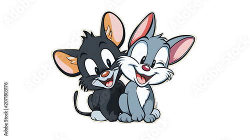 Tom and Jerry cartoon characters, black cat and gray mouse friends, happy and smiling, isolated on white background