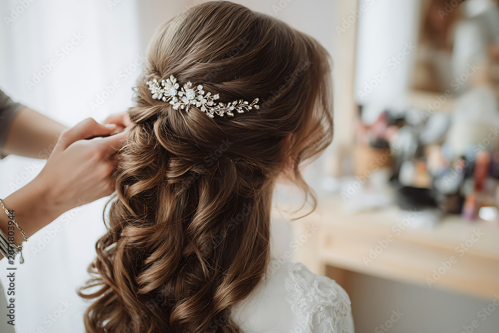 Obraz premium Elegant Wedding Hairstyle with Sparkling Hair Accessory.
