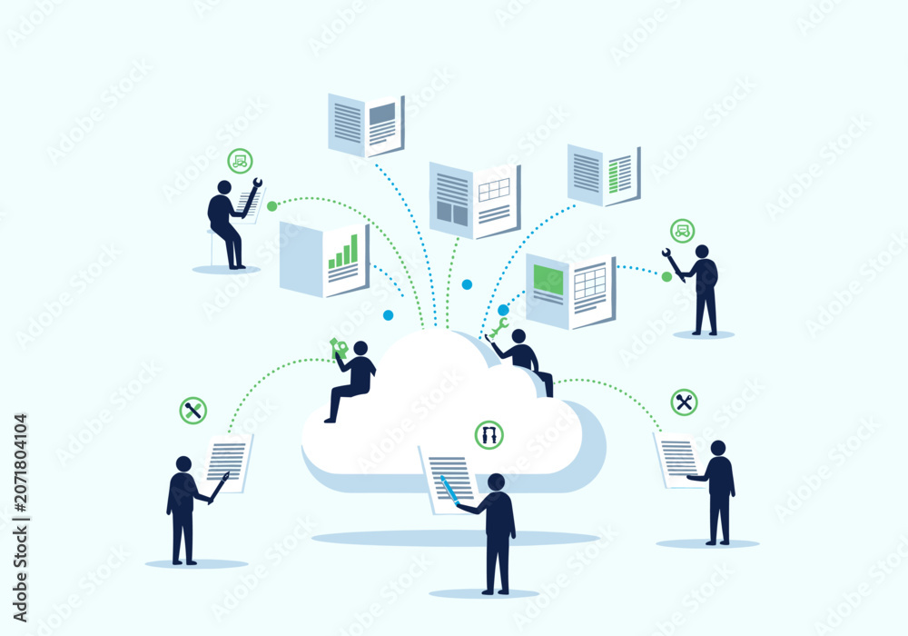 Naklejka premium Team of business people collaborating with cloud based data.