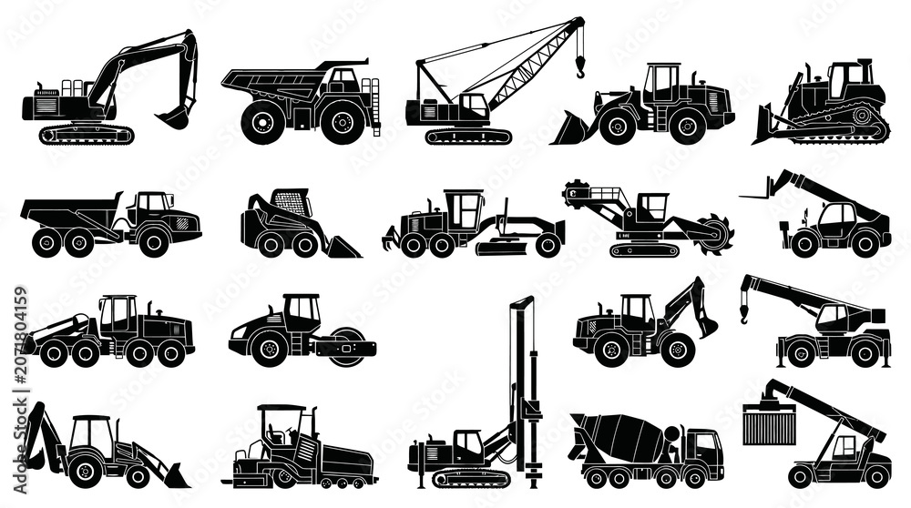 Obraz premium Black and White Vector Icons of Construction Vehicles and Equipment