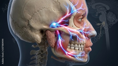 Trigeminal nerve diagram shows the complex network of facial pathways running through the human skull structure for medical education and clinical research purposes.
