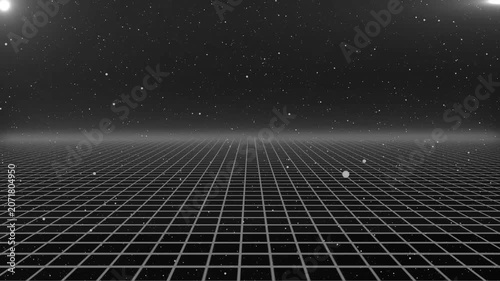 Retro arcade interface with digital grid landscape and credit counter. Vintage Arcade Credit 02 Idle Screen With Drifting Pixel Stars.