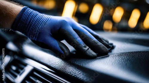 Gloved hand polishes car's textured dashboard for a clean finish