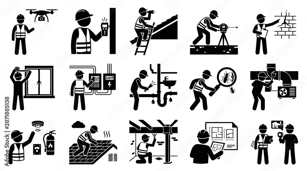 Obraz premium Black and White Glyph Icons of Home Inspectors and Building Professionals