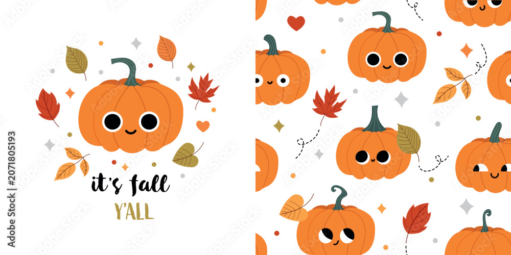 Fototapeta premium Cute autumn seamless pattern and surface design. Smiling pumpkins, falling leaves and playful seasonal details. Cozy fall design for kids textiles, nursery decor, wrapping paper.