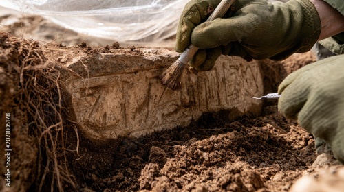 Archaeologist carefully brushes dirt off ancient carved stone